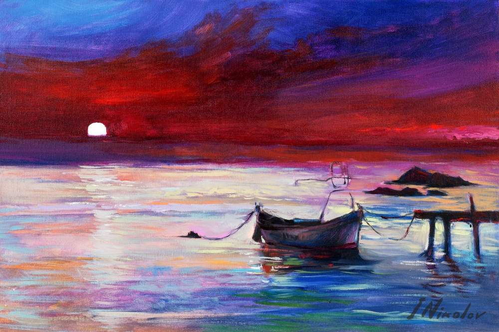 Boat at the Dock, Dusk — original oil painting by Ivailo Nikolov
