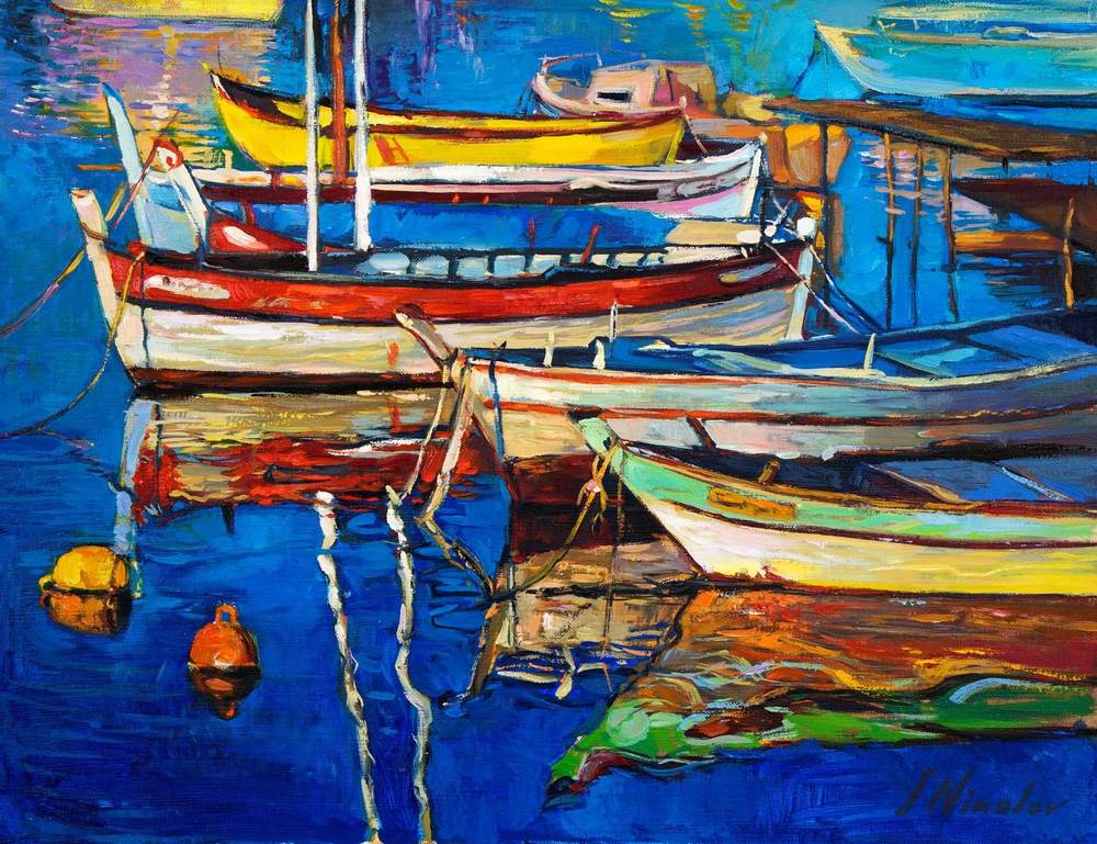 Colorful Boats at the Dock — original oil painting by Ivailo Nikolov