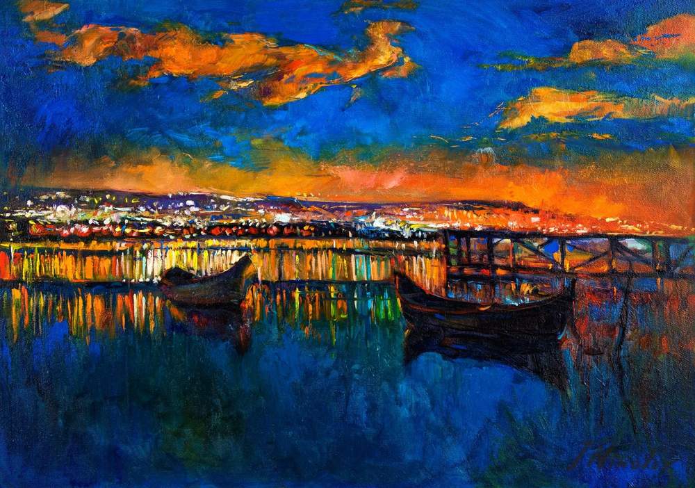 Harbor Lights at Night — original oil painting by Ivailo Nikolov