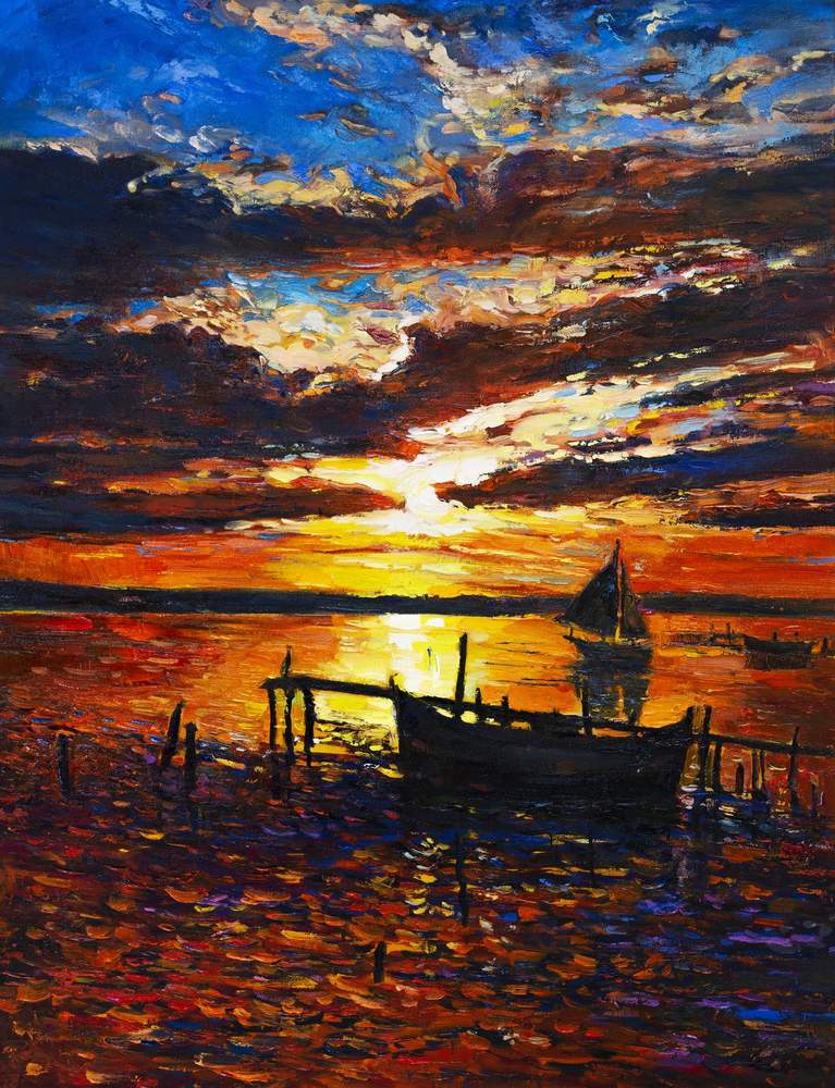 Sailboat at Sunset Dock — original oil painting by Ivailo Nikolov