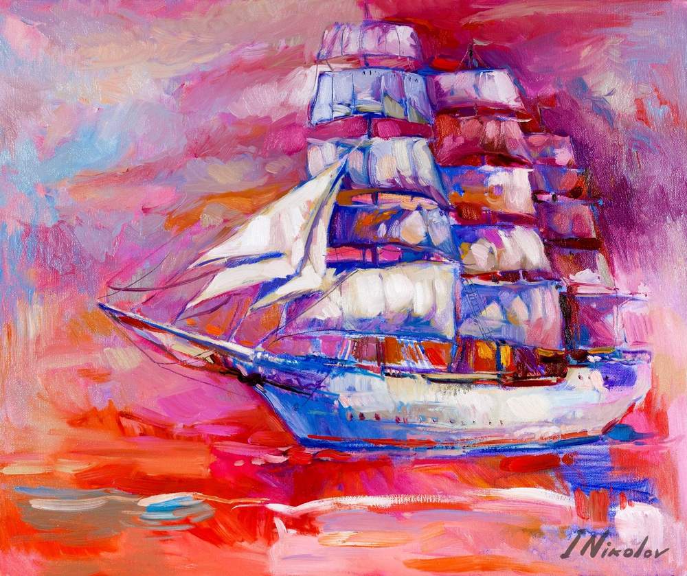 Tall Ship in Pink — original oil painting by Ivailo Nikolov