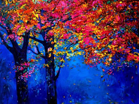Autumn trees with red and gold leaves against deep blue, oil on canvas by Ivailo Nikolov