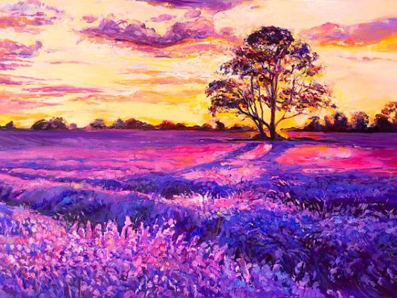 Lavender field at sunset with a single tree, oil on canvas by Ivailo Nikolov