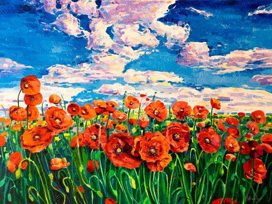 Red poppies under a blue sky with white clouds, oil on canvas by Ivailo Nikolov