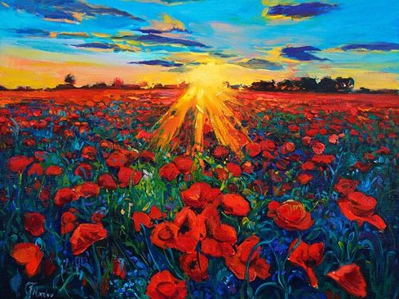 Red poppy field with the sun setting on the horizon, oil on canvas by Ivailo Nikolov
