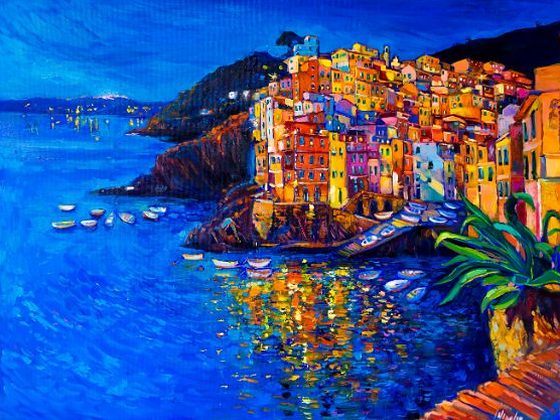 Riomaggiore at night, lit houses above the sea in Cinque Terre, oil on canvas by Ivailo Nikolov