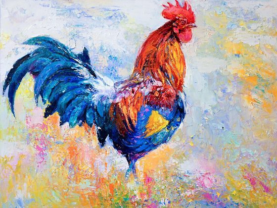 A rooster in blue, orange and red, painted with a palette knife, oil on canvas by Ivailo Nikolov